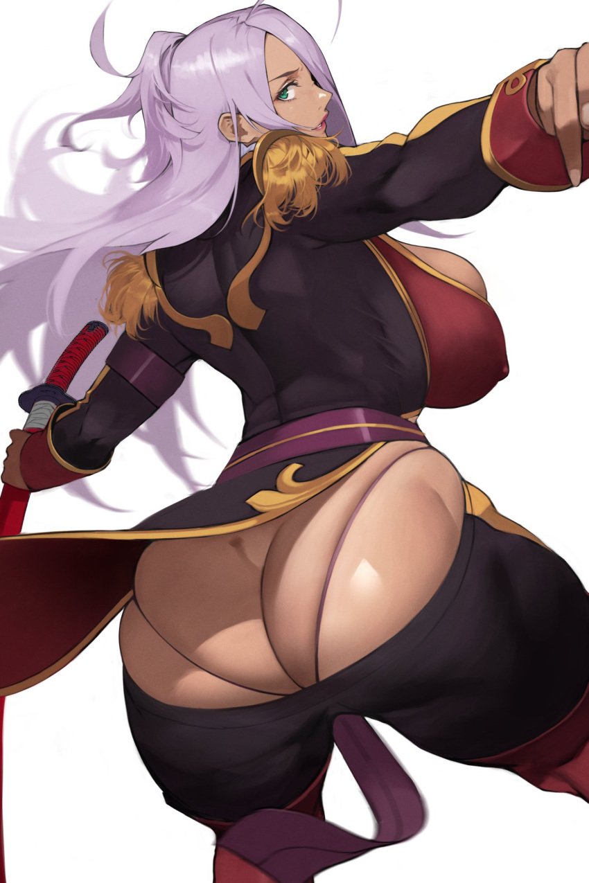 absurdres ass ass_cleavage back bangs belt black_jacket black_pants breasts butt_crack clothes_pull covered_nipples dark-skinned_female dark_skin dragonaut epaulettes female garnet_maclaine green_eyes highleg highres jacket katana large_breasts light_purple_hair long_hair long_sleeves looking_at_viewer looking_back pants pants_pull ponytail solo sword weapon yoshi55level yoshio_(55level)