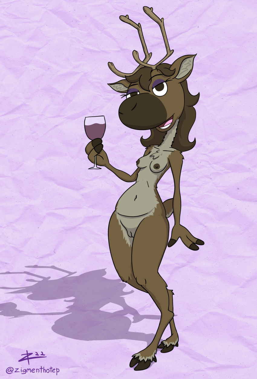 2022 2_toes 3_fingers anthro antlers brown_body brown_eyes brown_fur brown_hair brown_nipples capreoline cel_shading cervid chest_tuft countershading digital_drawing_(artwork) digital_media_(artwork) eyeshadow feet female fingers fur genitals hair half-closed_eyes hi_res holding_wine_glass hooved_fingers hooves horn looking_at_viewer makeup mammal narrowed_eyes nipples nude open_mouth purple_background purple_eyeshadow pussy reindeer shaded signature simple_background solo tan_body tan_countershading tan_pussy textured_background toes toony tuft zigmenthotep