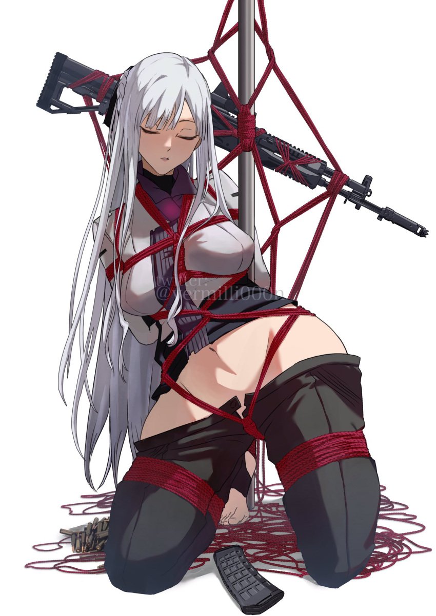 ak-12 ak-12_(girls'_frontline) assault_rifle bangs black_pants bondage braid breasts closed_eyes closed_mouth female girls'_frontline gun highres kalashnikov_rifle large_breasts long_hair long_sleeves navel panties pants pants_pull pole rifle rope silver_hair simple_background solo underwear vermilli000n weapon white_background