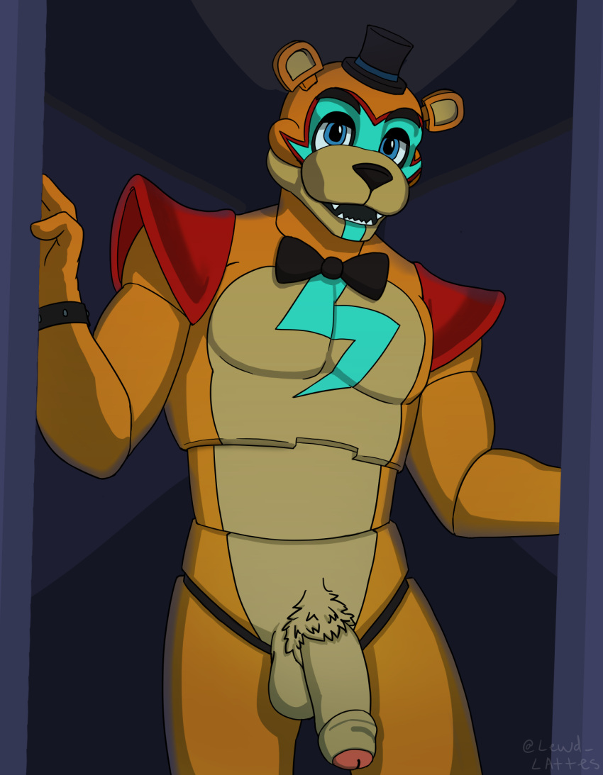 animatronic anthro blue_body blue_eyes blue_fur brown_body brown_fur clothing five_nights_at_freddy's five_nights_at_freddy's:_security_breach fur genitals glamrock_freddy_(fnaf) half-erect hat headgear headwear hi_res lewd_latte machine male male_only mammal necktie penis robot scottgames solo ursid video_games