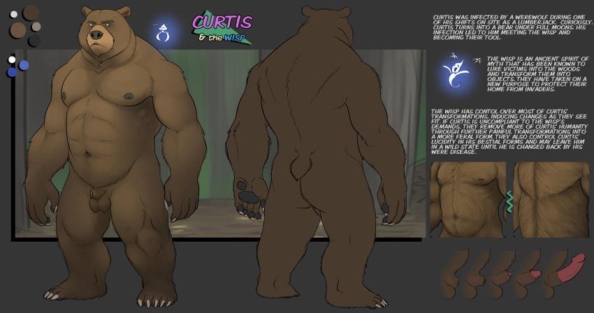 2021 abs absurd_res animal_genitalia animal_penis anthro ass awarebear balls becoming_erect belly character_description character_name claws color_swatch curtis_(awarebear) description erection flaccid fur genitals hi_res male mammal model_sheet muscular muscular_male nipples nude pawpads paws penis sharp_claws solo spirit ursid were wereursid