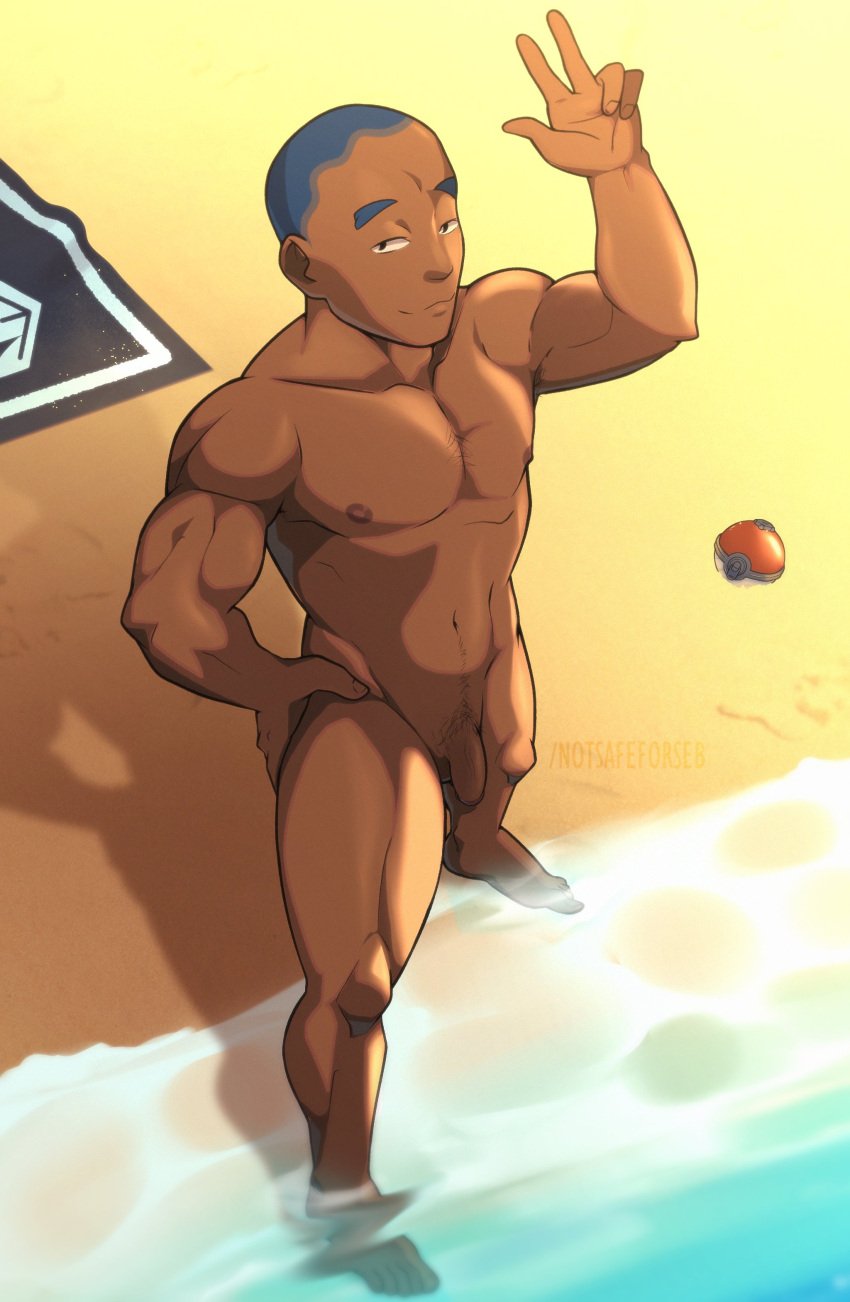 alolan_boy beach blue_hair dark-skinned_male dark_skin flaccid flaccid_penis human_only iscan_(pokemon) male male_only melanin muscles muscular muscular_male naked nintendo nipples outdoors outside penis pokeball pokemon pokemon_legends:_arceus uncut