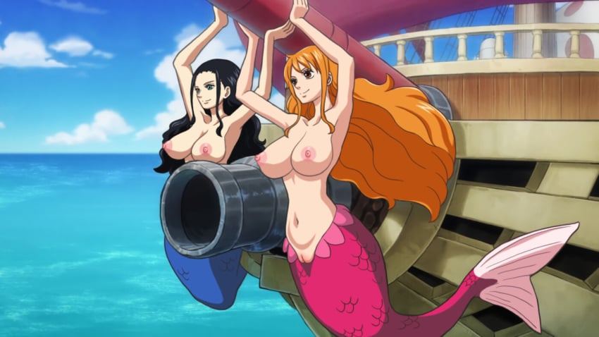 areola artist_request big_breasts breasts edited female female_only fish_girl fish_tail human_figurehead mermaid mermaid_girl mermaid_position mermaid_pussy mermaid_tail mermaid_transformation monster_girl nami nami_(one_piece) nico_robin nipples one_piece post-timeskip pussy ship shounen_jump