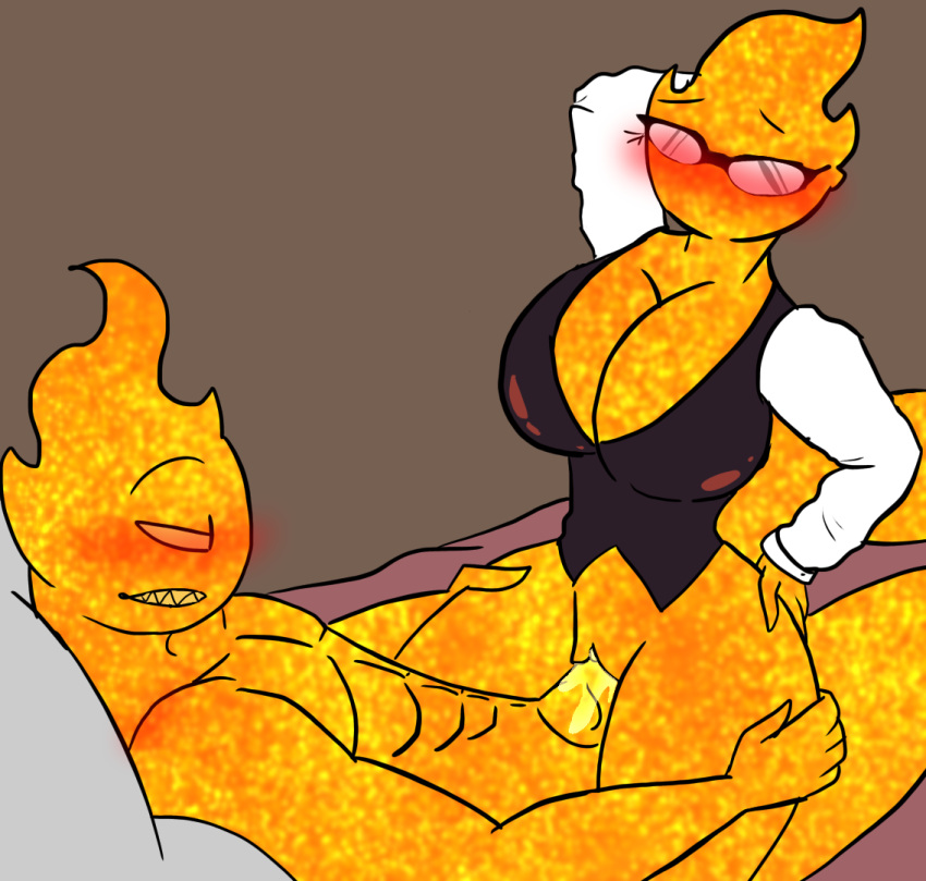 1boy 1girls bedroom blaze cowgirl cowgirl_position crossover fanart fire grillby original_character rule_63 sex under(her)tail undertale unknown_artist