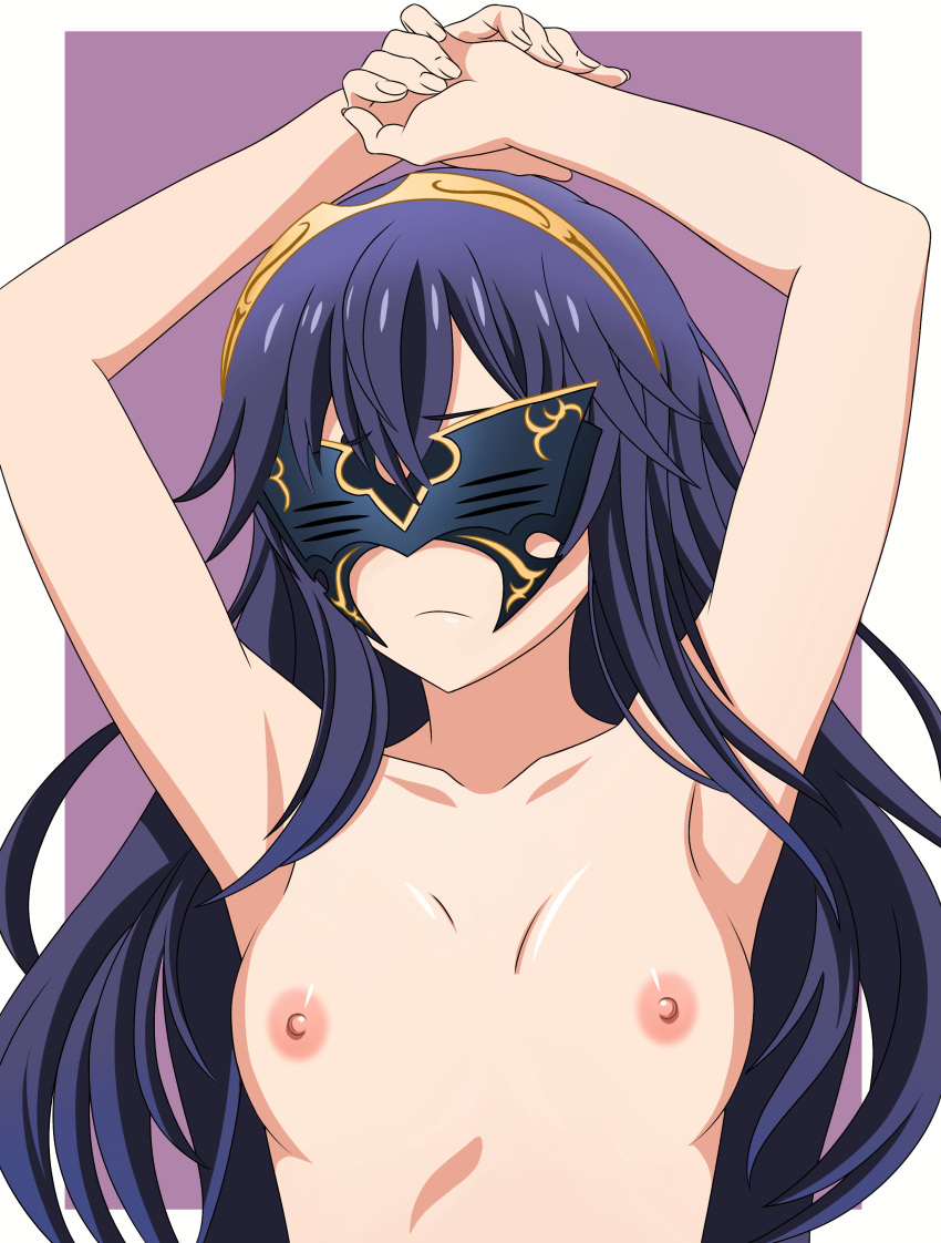 1girls armpits arms_up blue_hair embarrassed female female_only fire_emblem fire_emblem_awakening flat_chest intelligent_systems long_hair lucina_(fire_emblem) marth_(fire_emblem_awakening) mask masked masked_female nintendo nipples nude_female posing princess small_breasts solo tiara topless topless_female