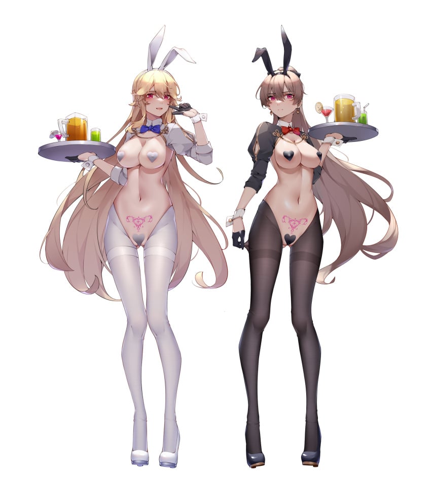 2girls absurdres alternate_costume animal_ears arm_up ass_visible_through_thighs azur_lane bangs black_footwear black_gloves black_heart_pasties black_legwear black_pasties blonde_hair blue_bow blue_bowtie blush bow bowtie breasts brown_hair bunny_ears bunny_girl bunnysuit censored cleavage commentary_request covered_nipples earrings eyebrows_visible_through_hair fake_animal_ears gloves half_gloves heart heart_censor heart_pasties high_heels highres holding holding_tray jean_bart_(azur_lane) jewelry large_breasts long_hair multiple_girls navel pantyhose pasties pubic_tattoo rabbit_ears red_bow red_bowtie red_eyes reverse_bunnysuit richelieu_(azur_lane) strapless tattoo thigh_gap thighband_pantyhose tray v white_footwear white_heart_pasties white_legwear white_pasties wrist_cuffs wsfw