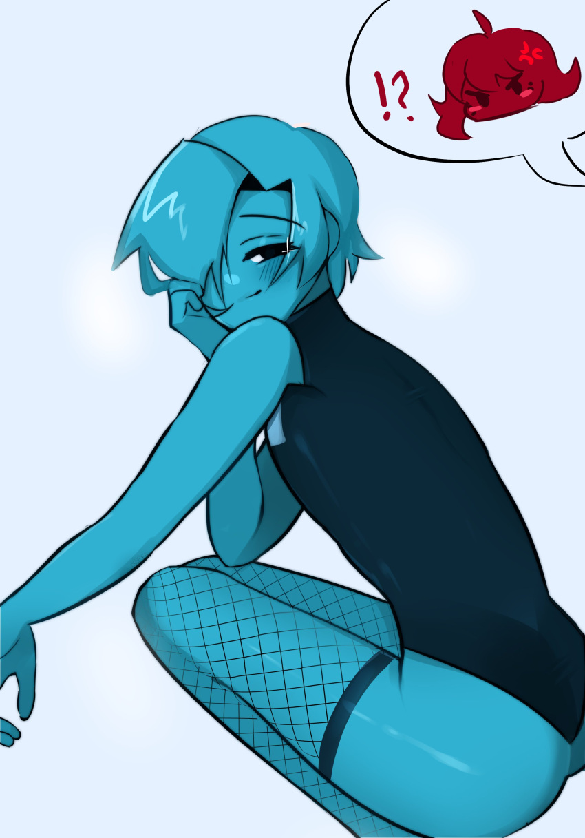 angry ass bangs black_eyes blue_eyes blue_skin blush blushing bodysuit femboy feminine_male fishnets fnf_mods friday_night_funkin gay girlfriend_(friday_night_funkin) male minus_bf_(blue)_(iagoanims) minus_gf_(iagoanims) short_hair smirk thick_ass thighs tight_clothing verokiyo white_background