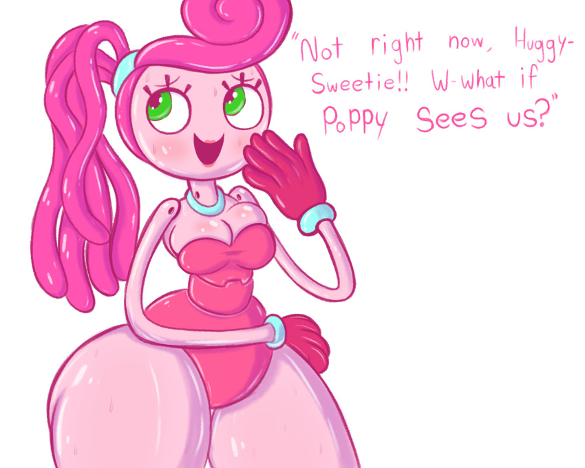 anthro breasts clothed collar green_eyes lips mad_critter mommy_long_legs name_drop nervous pink_hair pink_skin poppy_playtime shiny_skin sweating thick_thighs thunder_thighs toy