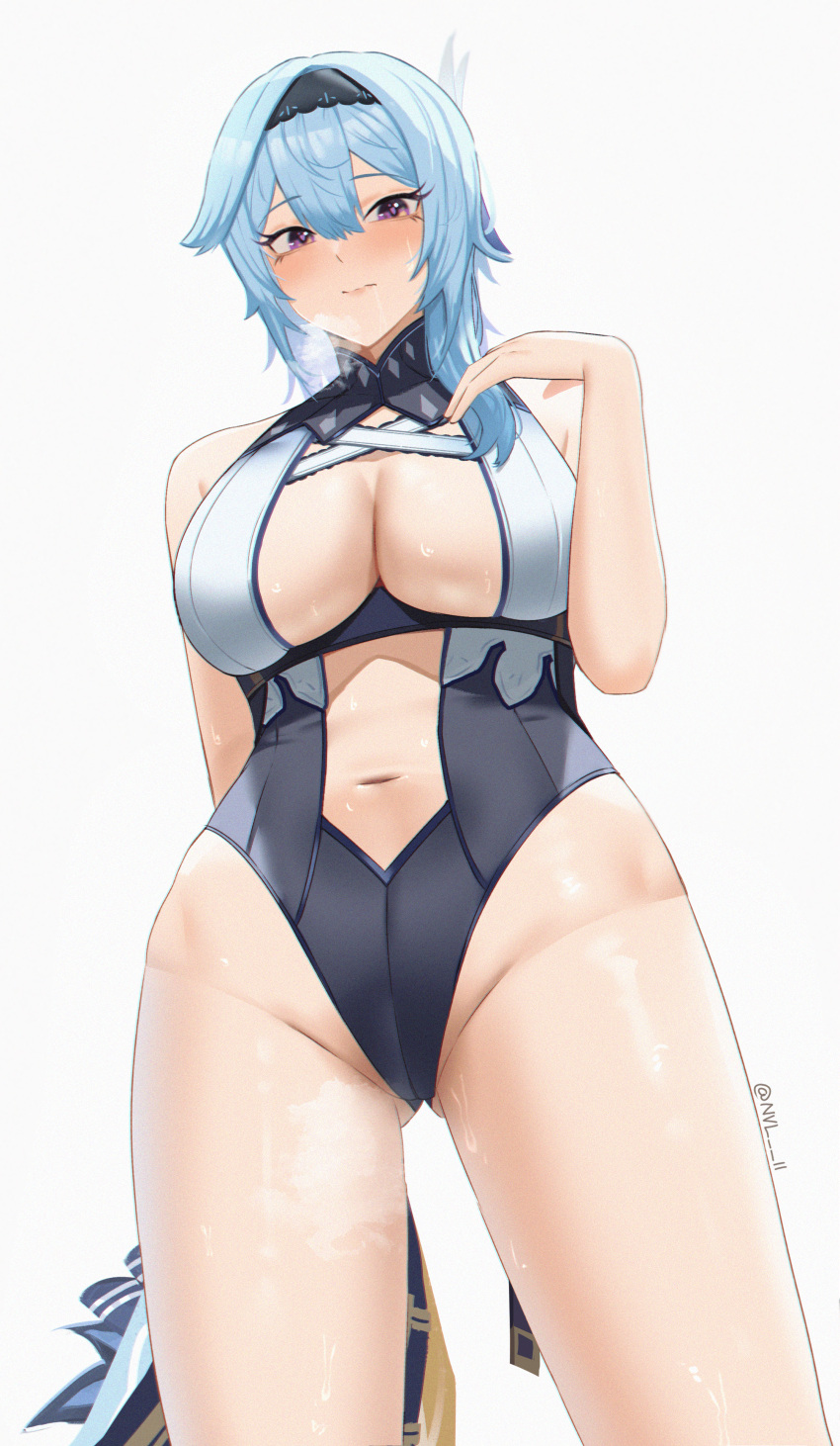 1girls ass_visible_through_thighs blue_hair blush breasts busty cleavage clothing curvy eula_(genshin_impact) female female_only genshin_impact hi_res human large_breasts leotard looking_at_viewer navel nvl purple_eyes revealing_clothes sweat thick_thighs