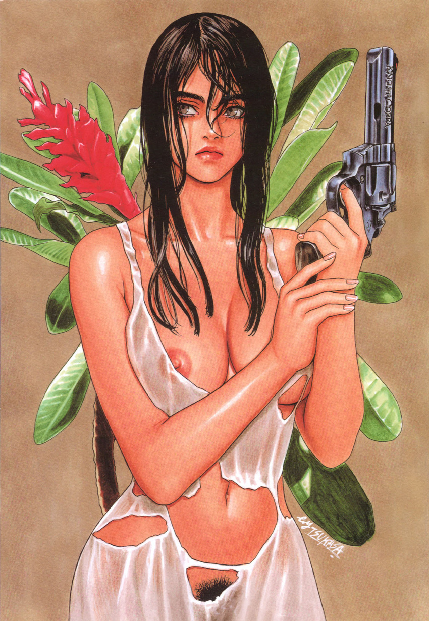 areolae bare_shoulders breasts brown_eyes brown_hair collarbone damaged dress female female_pubic_hair flower gun handgun highres holding holding_gun holding_weapon large_breasts leaf lips long_hair navel nipple_slip nipples non-web_source original plant pubic_hair revolver see-through signature simple_background solo torn_clothes torn_dress transparent tsukasa_jun weapon wet wet_clothes wet_hair