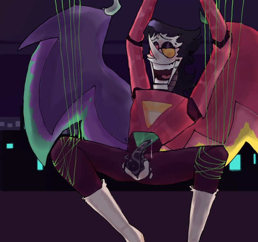 1boy arms_up black_hair clothed deltarune deltarune_chapter_2 exposed_penis eyes_half_open glasses male male_only mechanical non-human precum smile solo source_request spamton_g_spamton spamton_neo suspension sweat tagme tentacle tentacle_cock tentacle_penis tied_legs tied_up toony torn_clothes torn_legwear unknown_artist unusual_penis white_skin wings