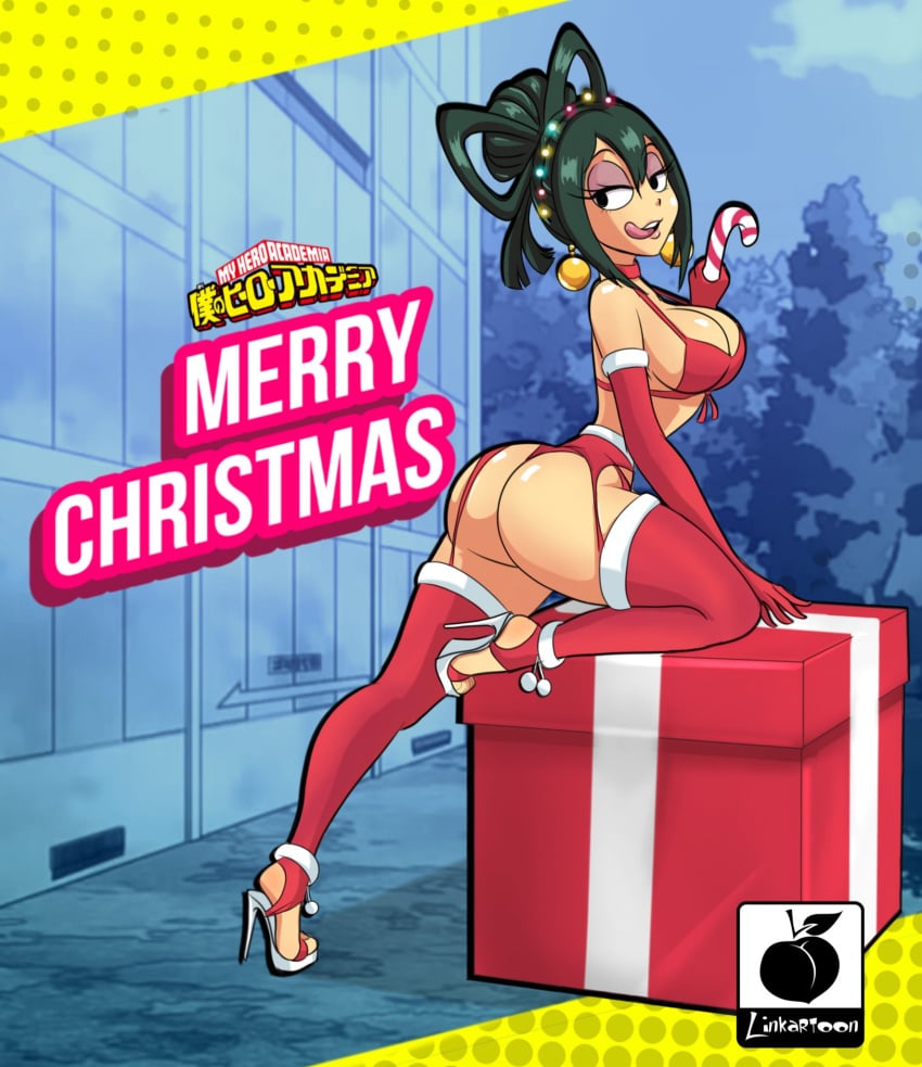 ass big_ass big_breasts black_eyes box candy_cane christmas christmas_lights christmas_outfit cleavage earrings elbow_gloves elbow_tufts gift green_hair hair_bun high_heels licking_lips linkartoon merry_christmas my_hero_academia seductive_eyes shounen_jump stiletto_heels tongue tongue_out tsuyu_asui very_high_heels