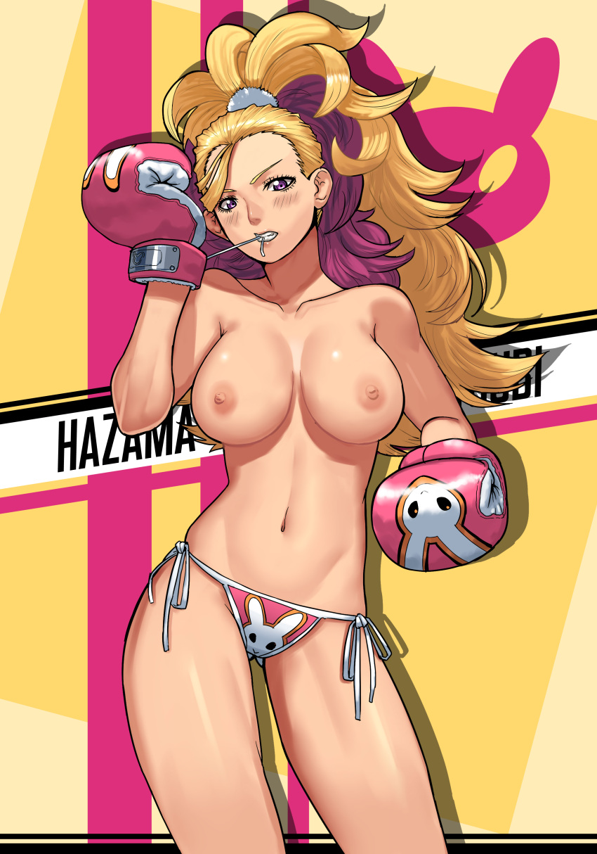 1girls adjusting_gloves bare_arms bare_legs bare_shoulders bikini bikini_bottom blonde_hair boxing boxing_gloves breasts bubuki_buranki bunny_print cessa clenched_teeth female female_only gloves half_naked hazama_zetsubi hi_res highres large_breasts light-skinned_female light_skin long_hair nipples pink_boxing_gloves pink_gloves pink_hair ponytail purple_eyes side-tie_bikini solo solo_focus string_panties third-party_edit tied_hair topless topless_female two-tone_hair very_high_resolution