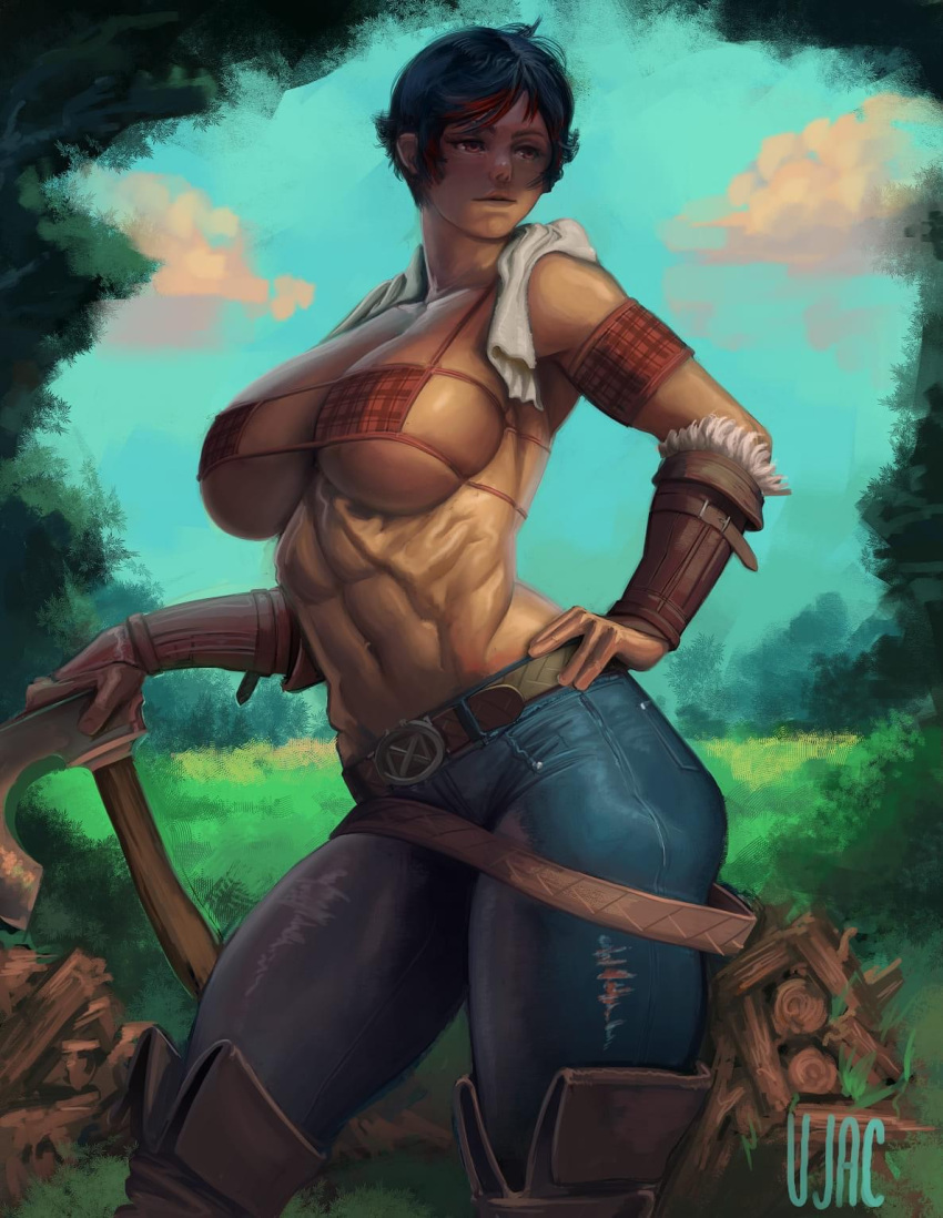 abs armlets axe bicep_bracelet bikini_top blue_hair blue_jeans brown_eyes cleavage eyepatch_bikini female female_lumberjack female_only hips lips muscular_female navel painting_(artwork) short_hair sideboob skimpy tan-skinned_female tan_skin thick_thighs thigh_boots ujac underboob wood_pile