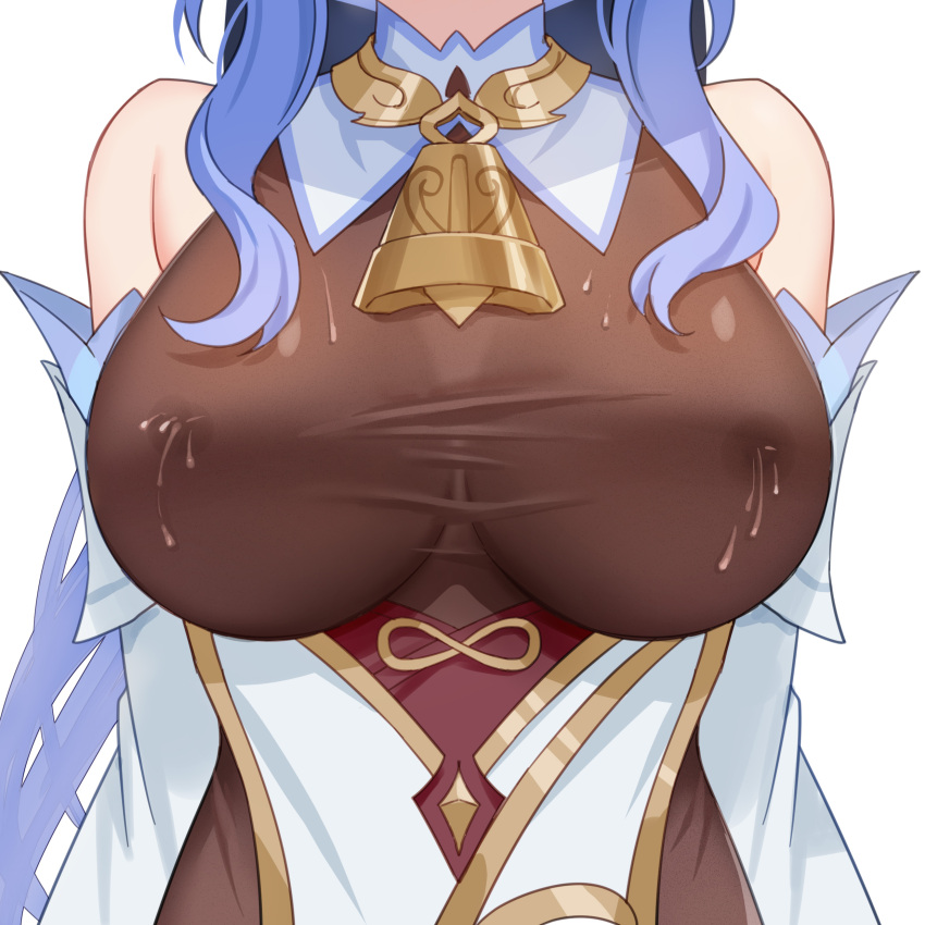 1girls blue_hair breast_focus daidai ganyu_(genshin_impact) genshin_impact lactating lactation milk nipples_visible_through_clothing no_bra simple_background solo transparent_clothing