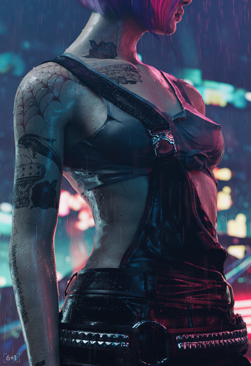 1girls 3d clothing cyberpunk_2077 erect_nipple erect_nipples erect_nipples_under_clothes female female_only judy_alvarez overalls raining short_hair sixplusone solo streetwear tattoo wet_clothes wet_skin