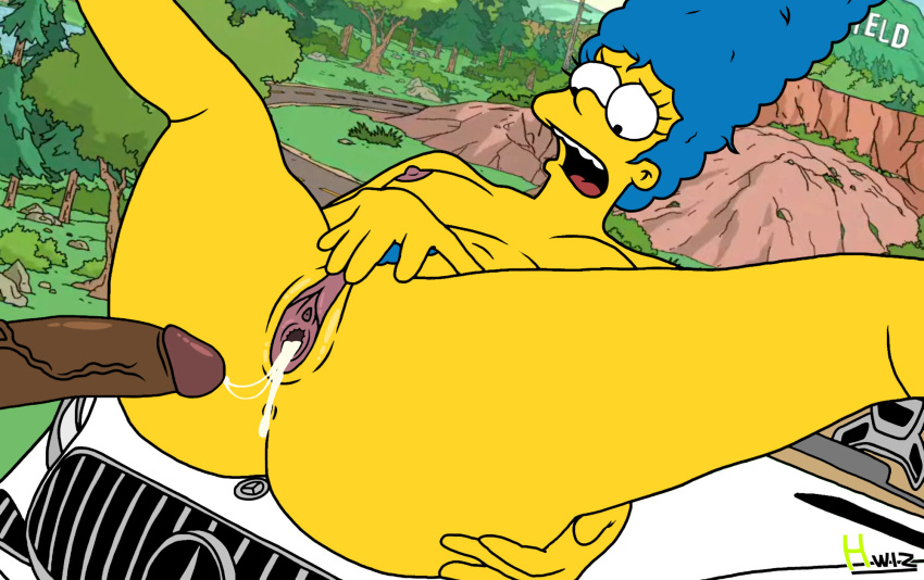 1girls breasts car creampie cum_in_pussy dark-skinned_male female female_focus hwiz interracial male marge_simpson milf missionary_position naked outdoors partial_male sex straight the_simpsons