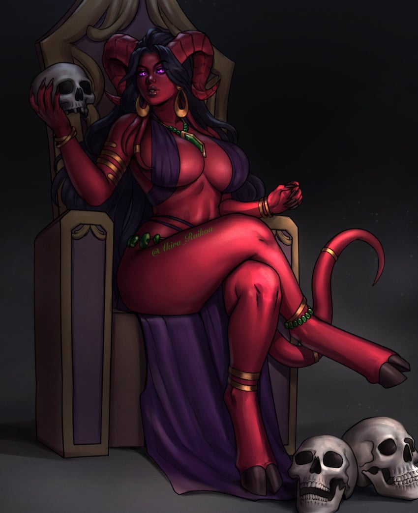 1girls 2021 akira_raikou black_hair blizzard_entertainment burning_legion crossed_legs demon demon_girl draenei dress earrings eredar eredar_female female female_only hi_res holding_skull hooves horns jewelry long_hair looking_at_viewer purple_eyes red_skin sharp_fingernails sitting sitting_on_throne skull solo solo_female svanna tail thick_thighs throne warcraft world_of_warcraft wow