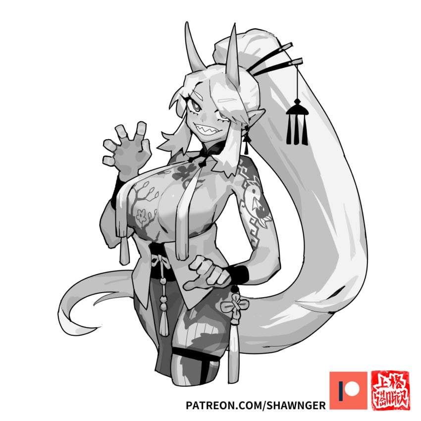 cleavage female greyscale horns long_hair monster_girl oc patreon_logo pointy_ears revealing_clothes sharp_teeth shawnger tattoos watermark