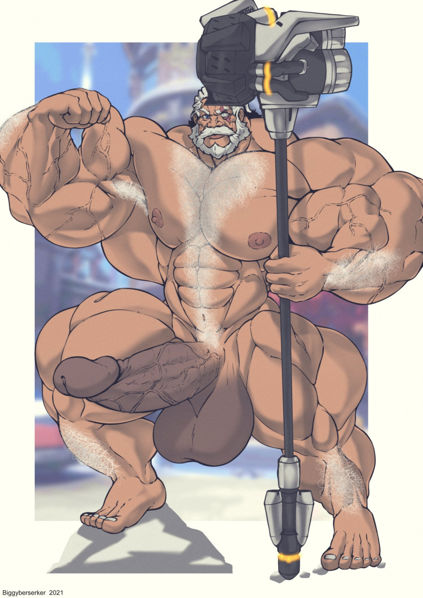 balls bara biggyberserker gay huge_cock male male_only muscles muscular overwatch penis reinhardt solo solo_male