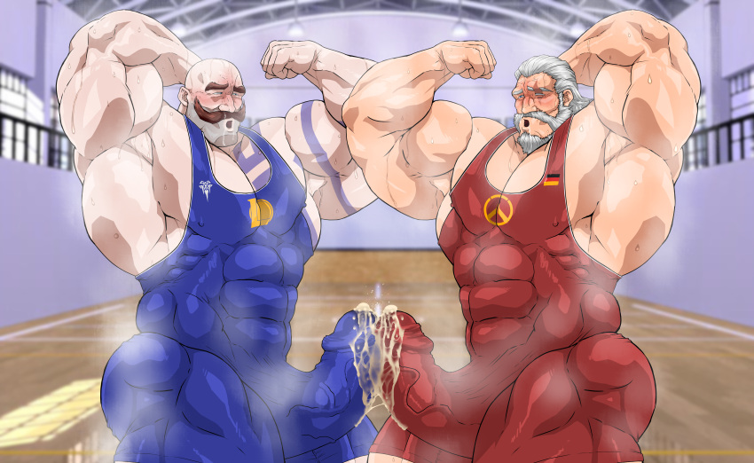 armpit armpits balls bara boner braum cum cum_through_clothes erection frottage gay hitenmaru league_of_legends male male_only muscles muscular musk overwatch penis penises_touching reinhardt singlet sweat sweating