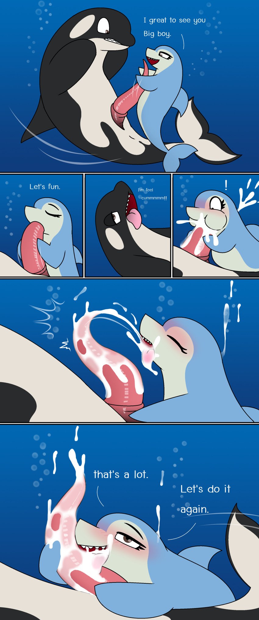 absurd_res animal_genitalia animal_penis blush bodily_fluids brown_eyes cetacean cetacean_penis clothing comic cum cum_from_nose cum_in_mouth cum_in_nose cum_inside cum_on_penis cum_pool cumshot delphinoid duo ejaculation enjoy_(pencil_bolt) fellatio female feral genital_fluids genitals hi_res jepito_(pencil_bolt) male male/female mammal marine oceanic_dolphin orca pencil_bolt penis swimming tapering_penis tongue tongue_out toothed_whale underwater