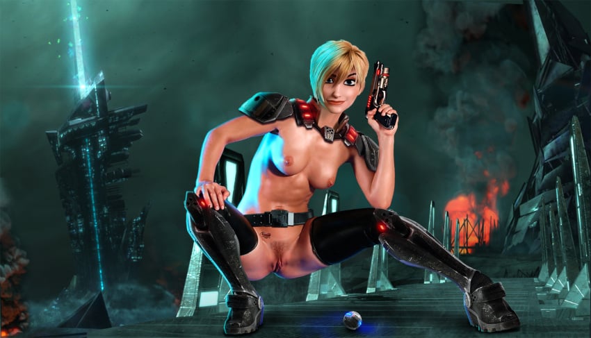 armored_boots armored_gloves blonde_hair bush disney edit gun guns nipples nude nude_female pussy sergeant_calhoun soldier warrior wreck-it_ralph