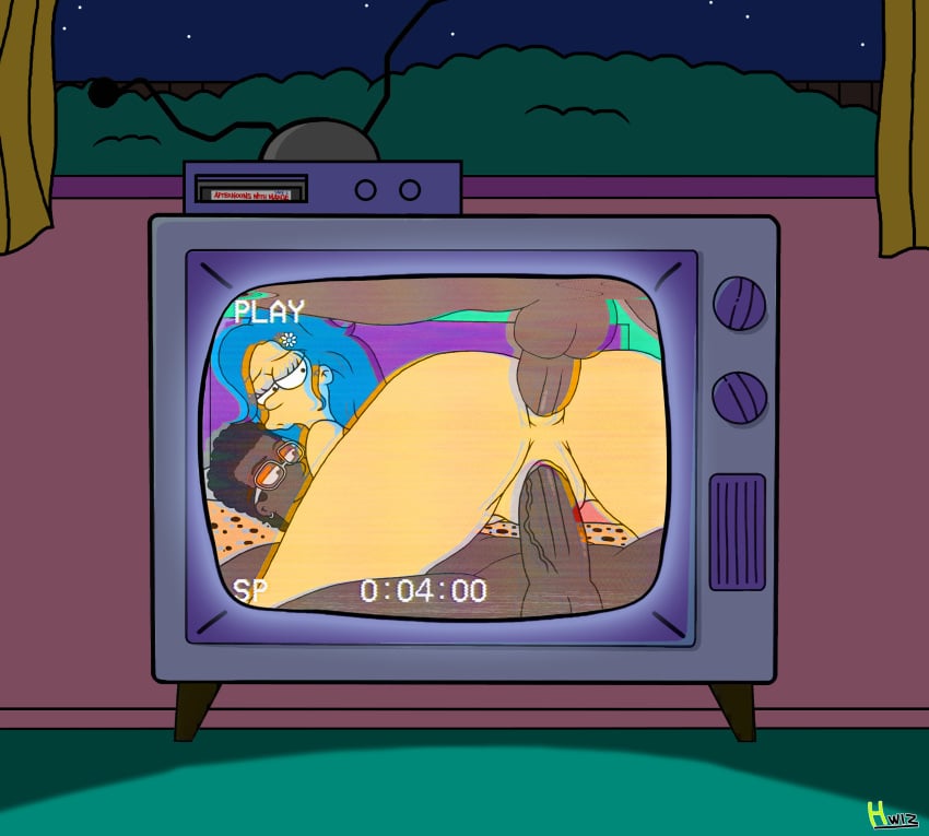 anal_sex bed cowgirl_position dark-skinned_male dark_skin double_penetration hwiz interracial male marge_simpson nude pornography the_simpsons threesome vaginal_penetration