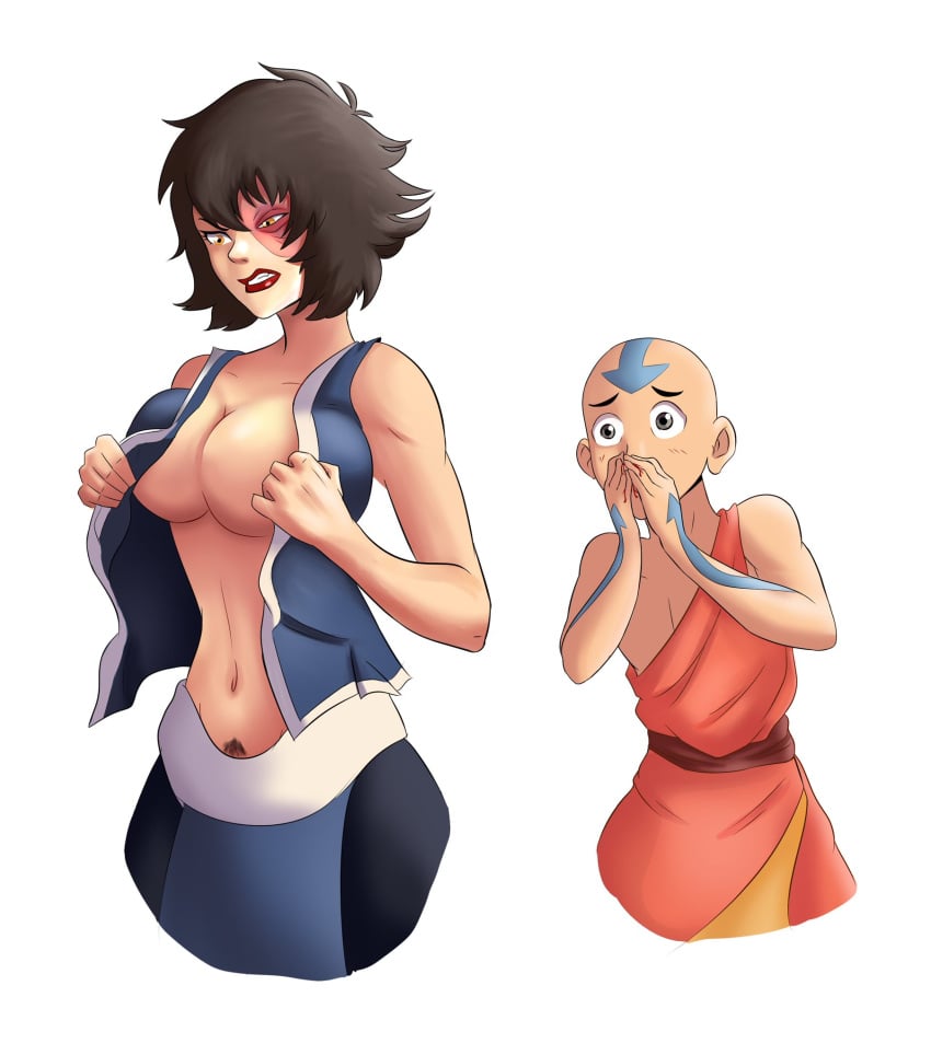 1boy 1girls aang air_nomad airbender_tattoo angry annoyed avatar_legends avatar_the_last_airbender blush breasts burn_scar clothing duo female fire_nation huge_breasts it'll_never_fit large_breasts male nickelodeon nosebleed pubic_hair royalty rule_63 scar the_avatar themightfenek zuko