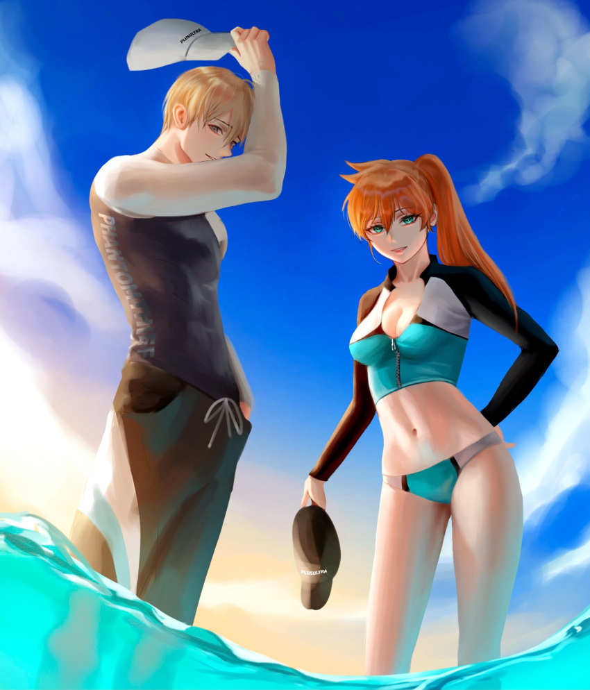 1boy 1girls bangs bare_legs bare_midriff beach belly_button bikini_bottom blonde_hair blonde_hair_male blue_eyes blue_sky blue_water cleavage duo female flat_belly ginger ginger_hair green_eyes hat in_water itsuka_kendou kendou_itsuka long_hair male mdbhamd monoma_neito my_hero_academia neito_monoma ocean orange_hair ponytail sea seaside side_ponytail slim_waist sportswear straight summer water zipper