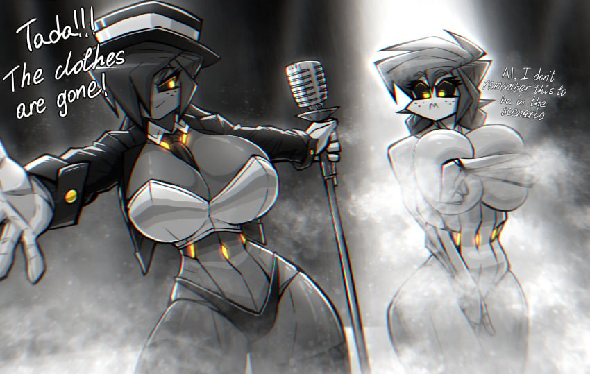 2d 2d_(artwork) 2girls albry_(zzzhodazzz) belly belly_button breasts covering_breasts covering_crotch english english_text female_only fog glowing_eyes hat kyurby_(zzzhodazzz) magician magician_hat microphone multiple_girls spotlight tagme text thighs thong yellow_eyes zzzhodazzz