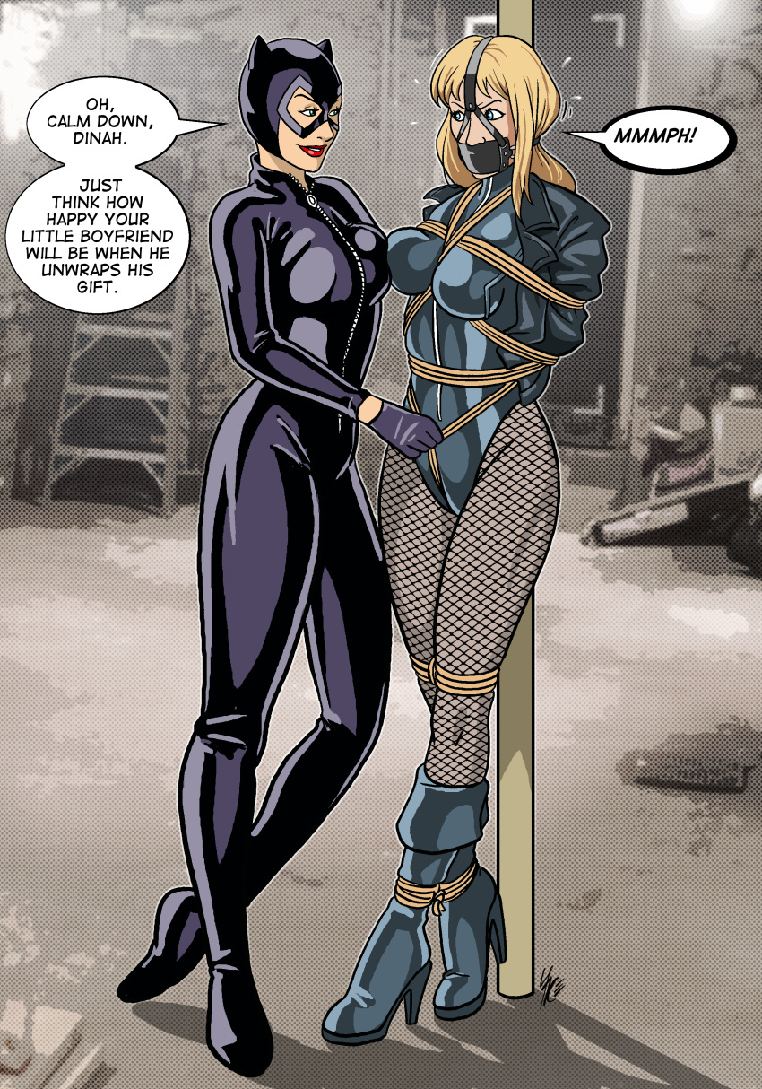 2girls arms_behind_back arms_tied_behind_back batman_(series) black_canary blonde_hair bondage boots bound bound_ankles bound_arms bound_legs bound_to_pole bound_torso breast_to_breast breasts catwoman clothed clothed_female crotch_rope crotch_rope_pull dc dc_comics dialogue dinah_lance english_text female female_only femdom femsub fishnet_legwear fishnets gag gagged gagged_speech green_arrow_(series) high_heel_boots jacobjon3000 justice_league multiple_girls panel_gag restrained rope rope_between_breasts rope_bondage speech_bubble standing text tied_to_pole tied_up yuri