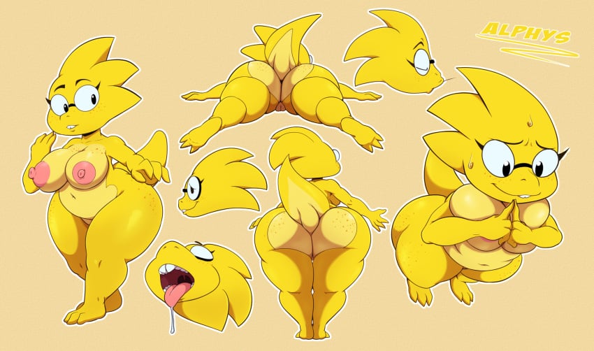 alphys anthro ass big_ass big_breasts big_butt bigdon1992 breasts digital_media_(artwork) eyewear female genitals glasses hi_res lizard lying model_sheet nipples nude on_front open_mouth pussy reptile scalie shortstack simple_background slightly_chubby solo tail thick_thighs tongue tongue_out undertale undertale_(series) video_games wide_hips