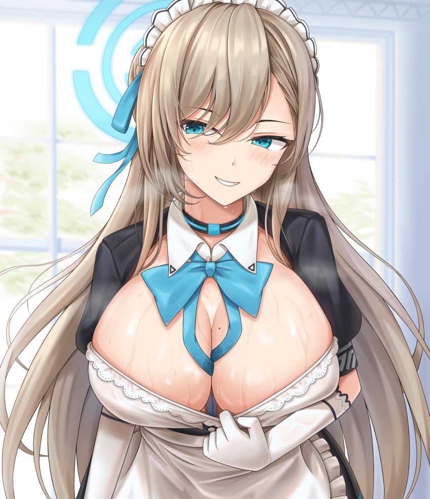 apron aqua_bow aqua_eyes aqua_ribbon asuna_(blue_archive) bangs blonde_hair blue_archive blush bow breasts cleavage collar detached_sleeves dress dress_tug female female highres huge_breasts lace lazb. long_hair maid maid_apron maid_headdress ribbon smile steam sweat wet window