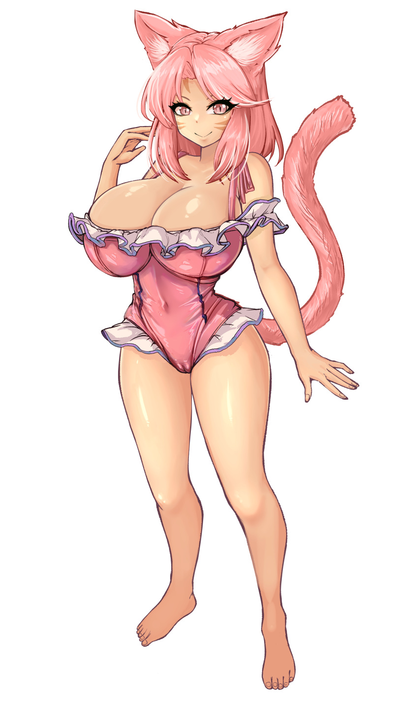 barefoot big_breasts cat_ears cat_tail catgirl comelyfay feet final_fantasy final_fantasy_xiv foot_fetish miqo'te oc one-piece_swimsuit original_character outfit pink_eyes pink_hair pussy_lips reference_sheet shiori shiori_rosebrace thigh_pussy