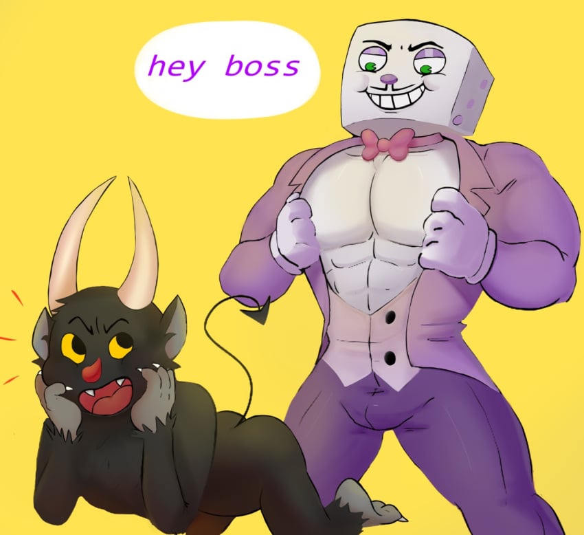 2022 2boys anthro bara black_eyes boss_and_subordinate bow bulge bulge_through_clothing cuphead_(game) digital_art digital_drawing_(artwork) digital_media_(artwork) gay green_eyes horns king_dice looking_at_partner male male/male male_focus male_only man_boobs manboobs open_shirt presenting_ass smile suit tail the_devil_(cuphead) watom_wato yaoi yellow_background