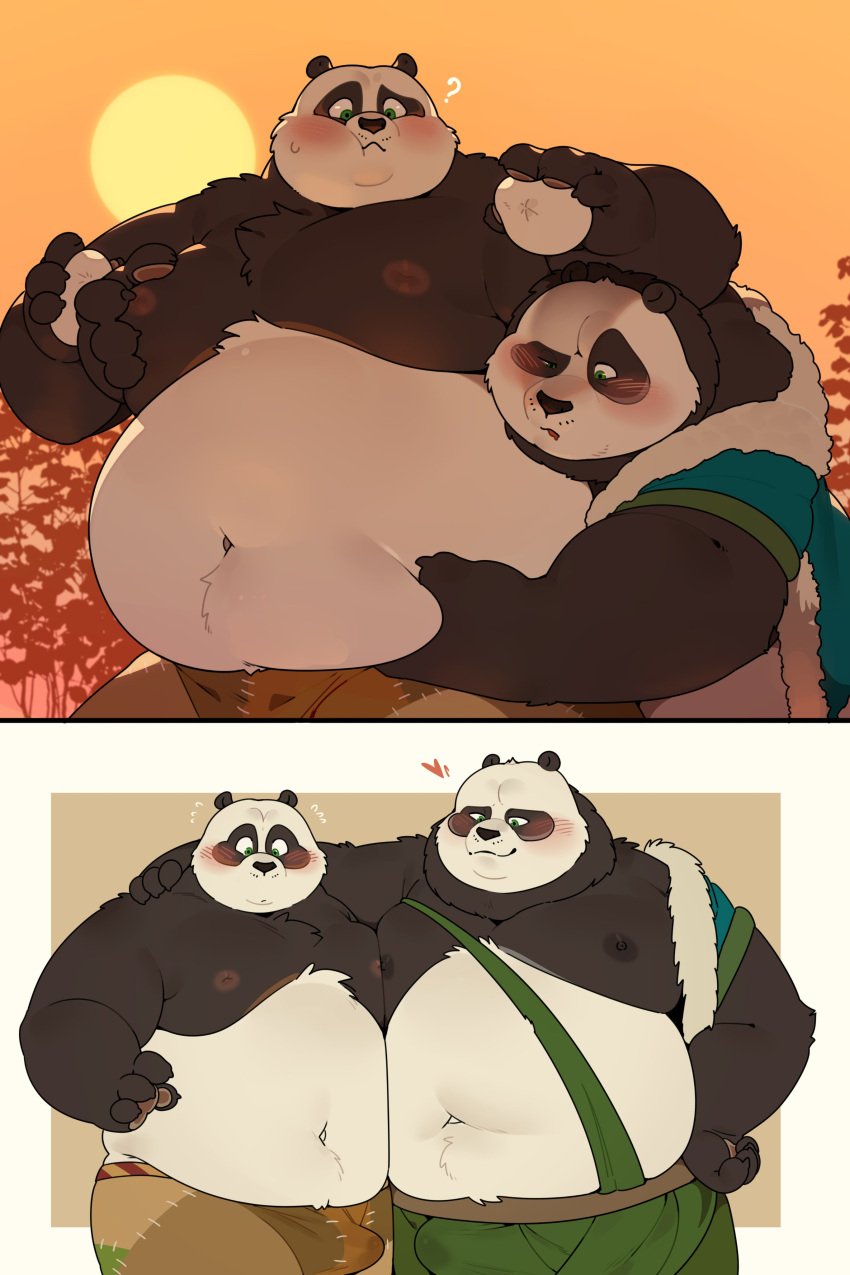 2022 2boys ? absurd_res anthro belly belly_grab black_body blush bottomwear bulge clothed clothing dreamworks duo erection erection_under_clothing fat fat_belly fat_man father father_and_child father_and_son food giant_panda grope grope_from_behind hi_res incest kemono kung_fu_panda kung_fu_panda_3 li_shan_(kung_fu_panda) male male/male male_only mammal master_po_ping moob_grab moobs multiple_boys navel nipples obese obese_male outside overweight overweight_male parent parent_and_child quanjiang shorts son sun ursid white_body yaoi