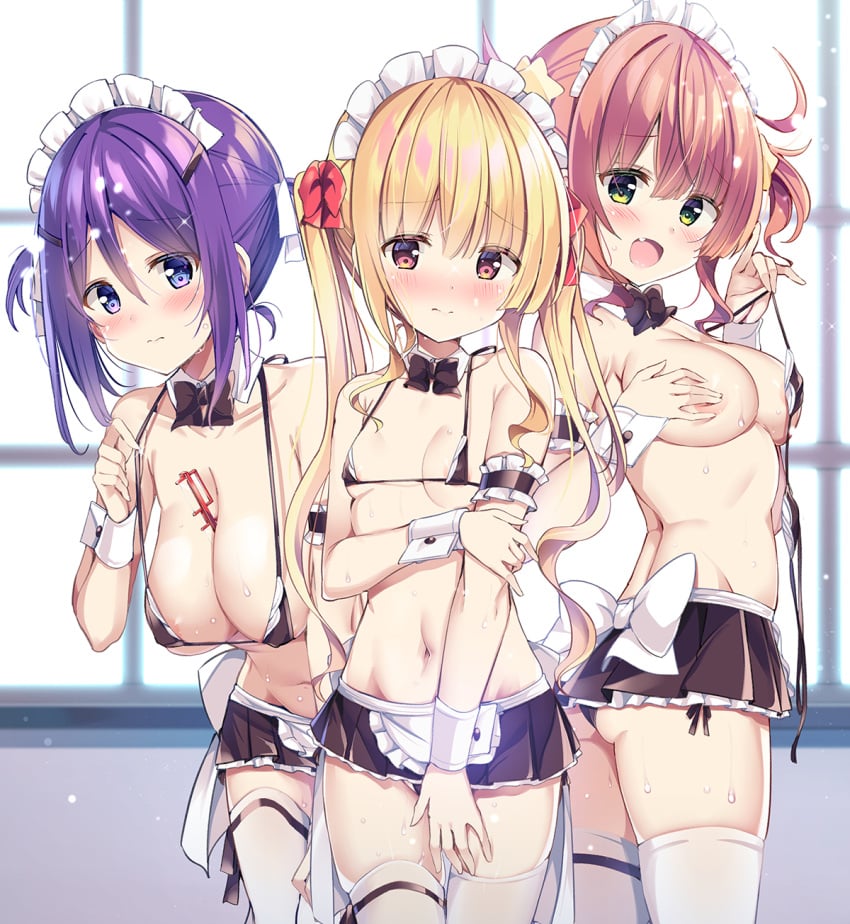 3girls ass bangs bikini black_bikini black_bow black_bowtie black_skirt blonde_hair blue_eyes blush bow bowtie breasts character_request closed_mouth comic_cune commentary_request detached_collar eyebrows_visible_through_hair female green_eyes hair_ribbon highres ichijouji_mayu kurou_(quadruple_zero) large_breasts long_hair looking_at_viewer maid_bikini maid_headdress miniskirt multiple_girls oerba_yun_fang open_mouth original purple_hair red_eyes red_hair red_ribbon ribbon short_hair skin_fang skirt small_breasts sweat swimsuit thighhighs twintails watashi_no_tame_ni_nuginasai! white_legwear