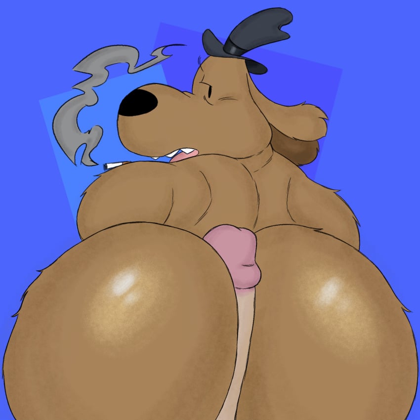 1:1 2020 absurd_res anthro ass between_butt big_butt black_clothing black_hat black_headwear blue_background brown_body brown_fur bubble_butt canid canine canis cigarette clothing disembodied_penis domestic_dog erection filthyopossum first_person_view fur genitals hat headgear headwear hi_res humanoid_genitalia humanoid_penis long_ears looking_at_viewer looking_back male male/male mammal open_mouth penis rear_view sam_and_max samuel_dog sharp_teeth simple_background smoke smoking solo_focus teeth tongue