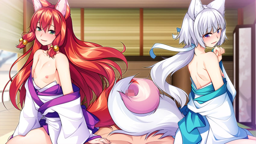 3boys animal_ears aogiri_penta blush censored fox_boy fox_ears fox_tail game_cg green_eyes josou_souseiki long_hair looking_at_viewer male male_focus masato_(josou_jinja) multiple_boys nipples original penis pov red_hair red_tail silver_hair silver_tail smile tail tailjob tamaki_(josou_jinja) trap yaoi yui_(josou_jinja)