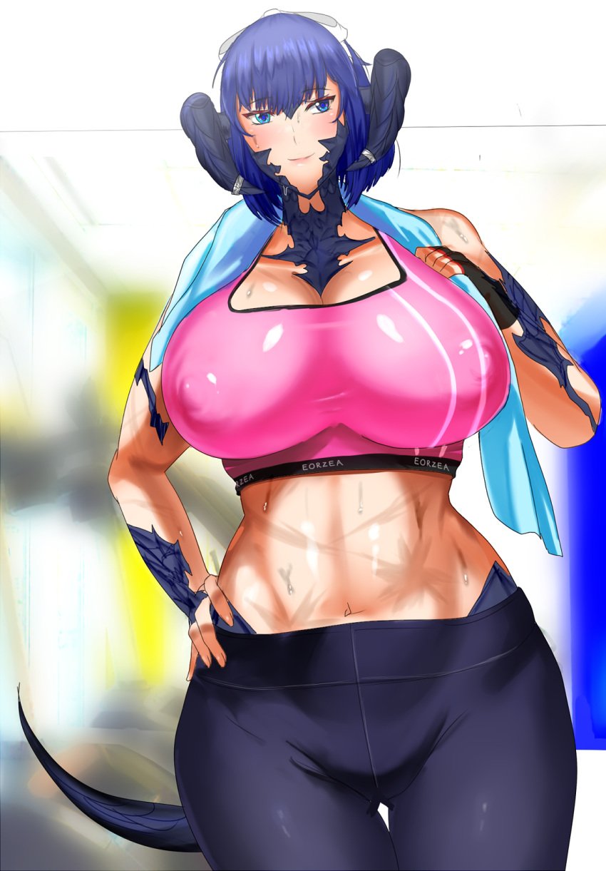 1girls abdomen abs au_ra big_breasts blue_eyes blue_hair blush detective_nanama final_fantasy final_fantasy_xiv horns milf nanama_kha nanamaxiv nipple scales scars short_hair smile solo solo_female solo_focus square_enix sweat sweatdrop sweating tail thick_thighs tight_clothes tight_clothing toned_female workout workout_clothes xaela yoga_pants