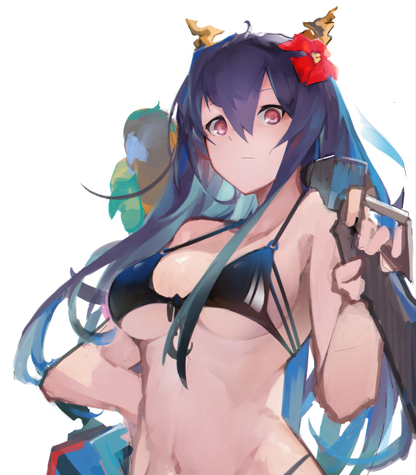 absurdres animal animal_on_shoulder arknights attacking_viewer bikini bird bird_on_shoulder black_bikini blue_hair breasts ch'en_(arknights) ch'en_the_holungday_(arknights) dragon_horns eyebrows_visible_through_hair female flower gun hair_between_eyes hair_flower hair_ornament highres holding horns jumbowhopper long_hair looking_at_viewer medium_breasts navel no_hat no_headwear official_alternate_costume over_shoulder parrot red_eyes red_flower simple_background sketch solo swimsuit underboob undersized_clothes upper_body weapon weapon_over_shoulder white_background