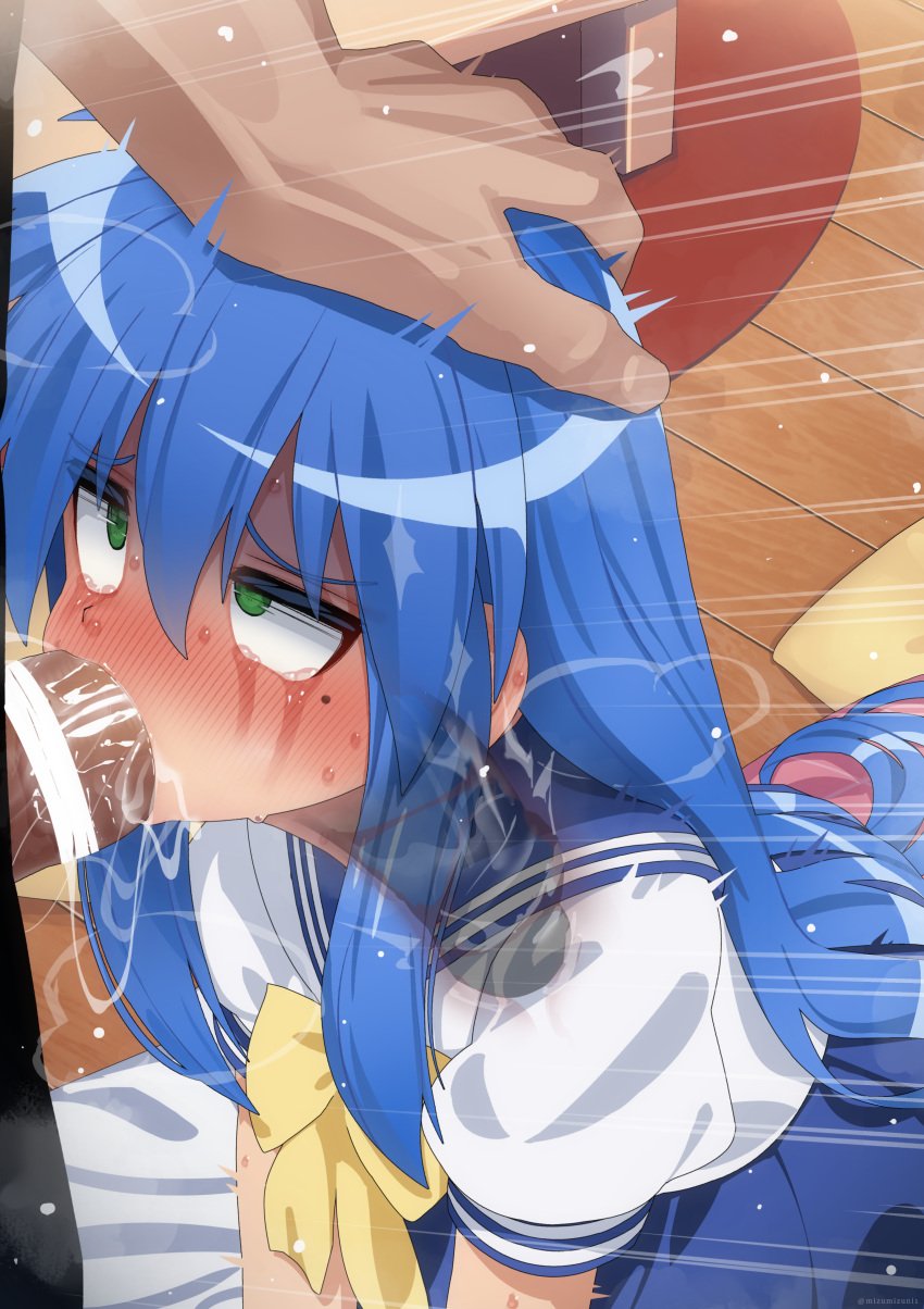 1boy 1girls absurd_res big_penis blowjob blue_hair blush censor_bar censored deepthroat fellatio female forced forced_oral green_eyes hand_on_head hands-free high_resolution huge_cock konata_izumi large_penis light_skin long_penis looking_at_penis lucky_star maledom mizumizuni mole mole_under_eye oral penis rape ryouou_school_uniform scared school_uniform schoolgirl serafuku sweat veiny_penis visible_breath