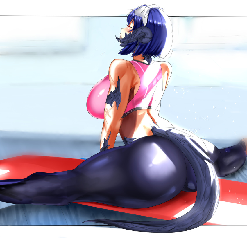 ass ass_focus au_ra back big_ass big_breasts blue_hair detective_nanama female female_focus female_only final_fantasy final_fantasy_xiv fitness horns legs_apart milf nanama_kha nanamaxiv scales scars short_hair splits square_enix tail tight_clothing workout workout_clothes xaela yoga_pants