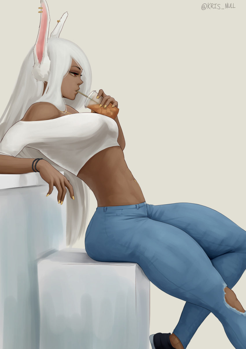 1girls bunny_ears dark-skinned_female dark_skin drinking female female_only fully_clothed jeans kris_null miruko my_hero_academia red_eyes rumi_usagiyama solo tagme white_background white_hair