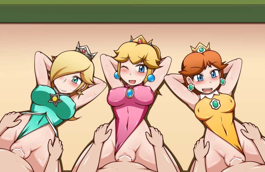 3boys 3girls arms_behind_head bare_arms bare_legs blonde_hair blue_eyes blush censored clitoris clothing_aside covered_erect_nipples crown earrings group_sex hair_over_one_eye image_sample jewelry leotard leotard_aside mario_(series) mario_and_sonic_at_the_olympic_games multiple_boys multiple_girls multiple_penises nintendo orgy penis pixiv_sample princess_daisy princess_peach princess_rosalina resized sleeveless_leotard unseen_male_face vaginal_penetration yagen_sasami