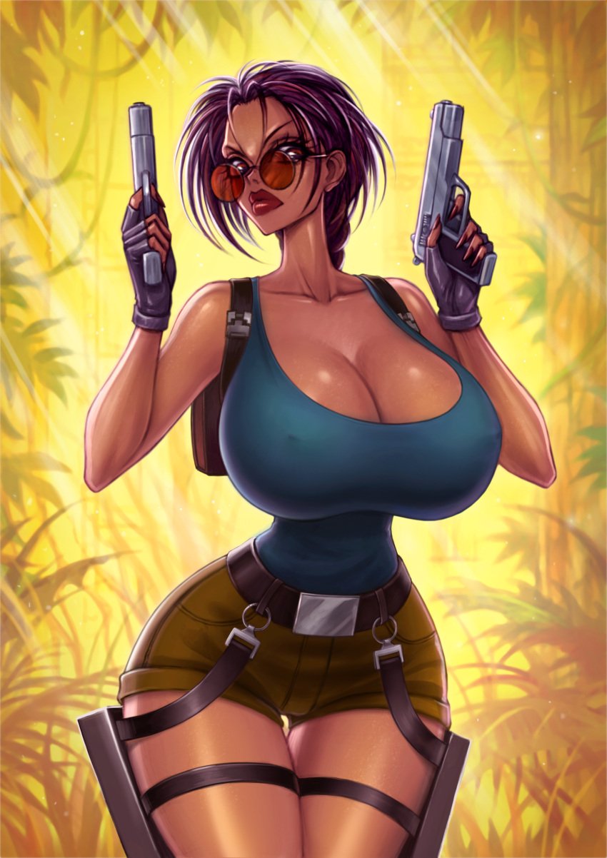 1girls abs akiranime bag bare_shoulders bimbo braided_hair braided_ponytail breasts brown_eyes brown_hair busty cleavage collarbone dual_wielding eyewear female female_focus female_only fingerless_gloves firearm gloves gun handgun handwear highres holster huge_breasts human lara_croft lara_croft_(classic) lips lipstick long_hair looking_at_viewer looking_over_eyewear looking_over_glasses looking_over_sunglasses navel pistol red-tinted_eyewear short_shorts shorts sole_female solo solo_focus straps sunglasses tagme tank_top thigh_gap thighs tight_clothes tinted_eyewear tomb_raider weapon