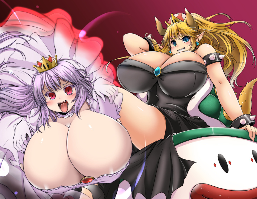 2girls big_breasts black_dress blonde_hair blue_eyes boosette bowsette breasts breasts_bigger_than_head cleavage dress duo duo_focus earrings female_focus female_only gloves horns huge_breasts koopa_clown_car kurocaze large_breasts long_hair looking_at_viewer looking_down mario_(series) new_super_mario_bros._u_deluxe nintendo pointy_ears red_eyes rule_63 sharp_teeth spiked_bracelet super_crown white_dress white_hair