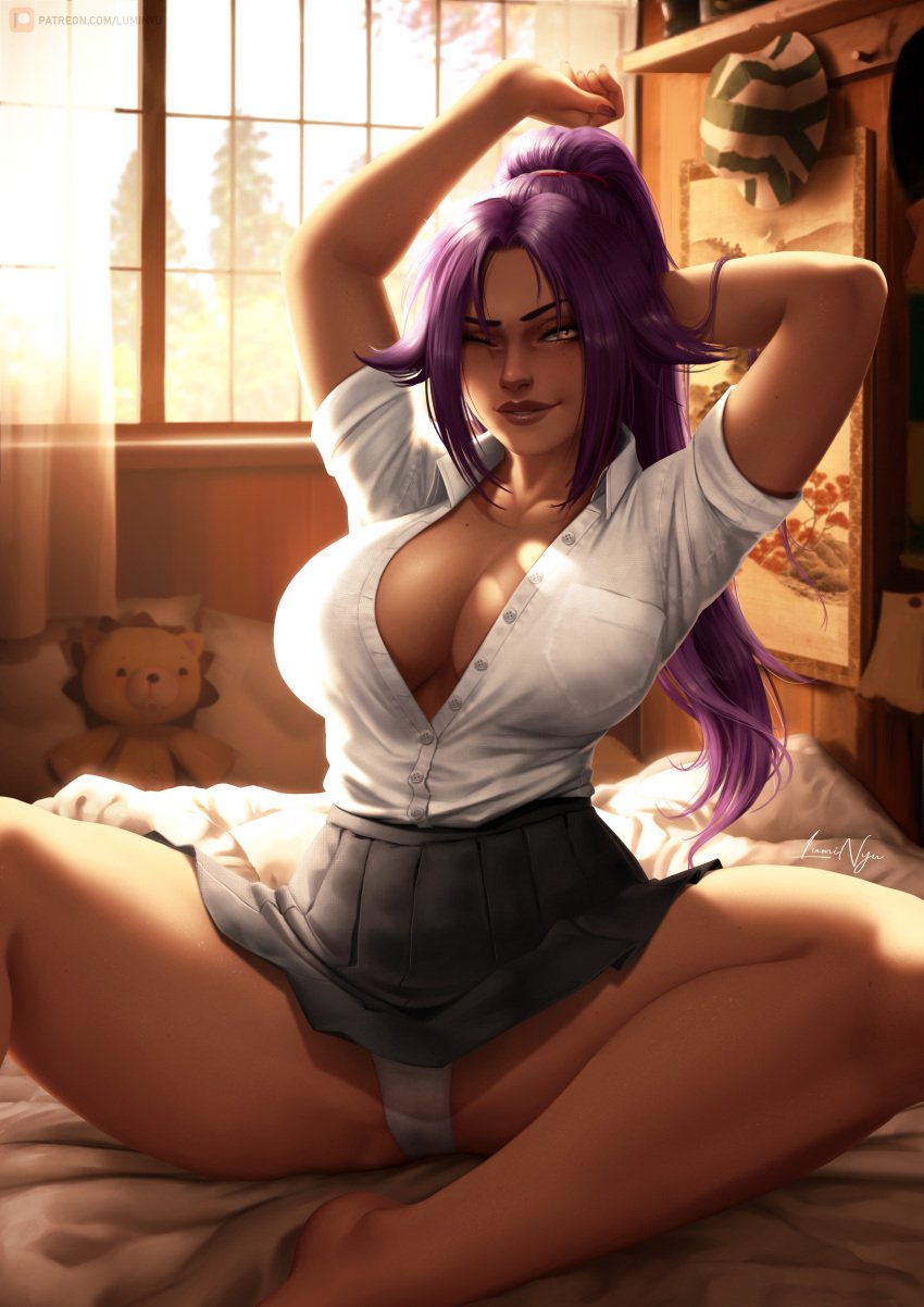 1girls armpits arms_behind_back arms_up bed bed_sheet bedroom bedroom_eyes big_breasts bleach breasts cleavage dark-skinned_female dark_skin female female_focus female_only hartman_hips high_resolution highres large_breasts long_hair looking_at_viewer luminyu one_eye_closed panties ponytail purple_hair school_uniform schoolgirl schoolgirl_uniform shihouin_yoruichi sitting sitting_on_bed skirt smile solo solo_focus straight stretching very_long_hair waking waking_up yellow_eyes