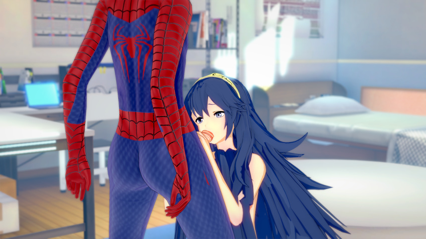 1boy 1boy1girl 1girls 3d blowjob cock_worship cowman crossover cute eastern_and_western_character fellatio female fire_emblem fire_emblem_awakening lucina_(fire_emblem) marvel marvel_comics nintendo oral shy spider-man spider-man_(series) straight straight_hair teenager